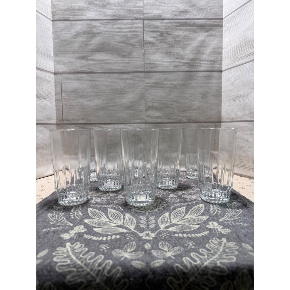 Arcoroc France Glass Tumblers Set of 8 Clear Paneled Highball Drinking Glasses